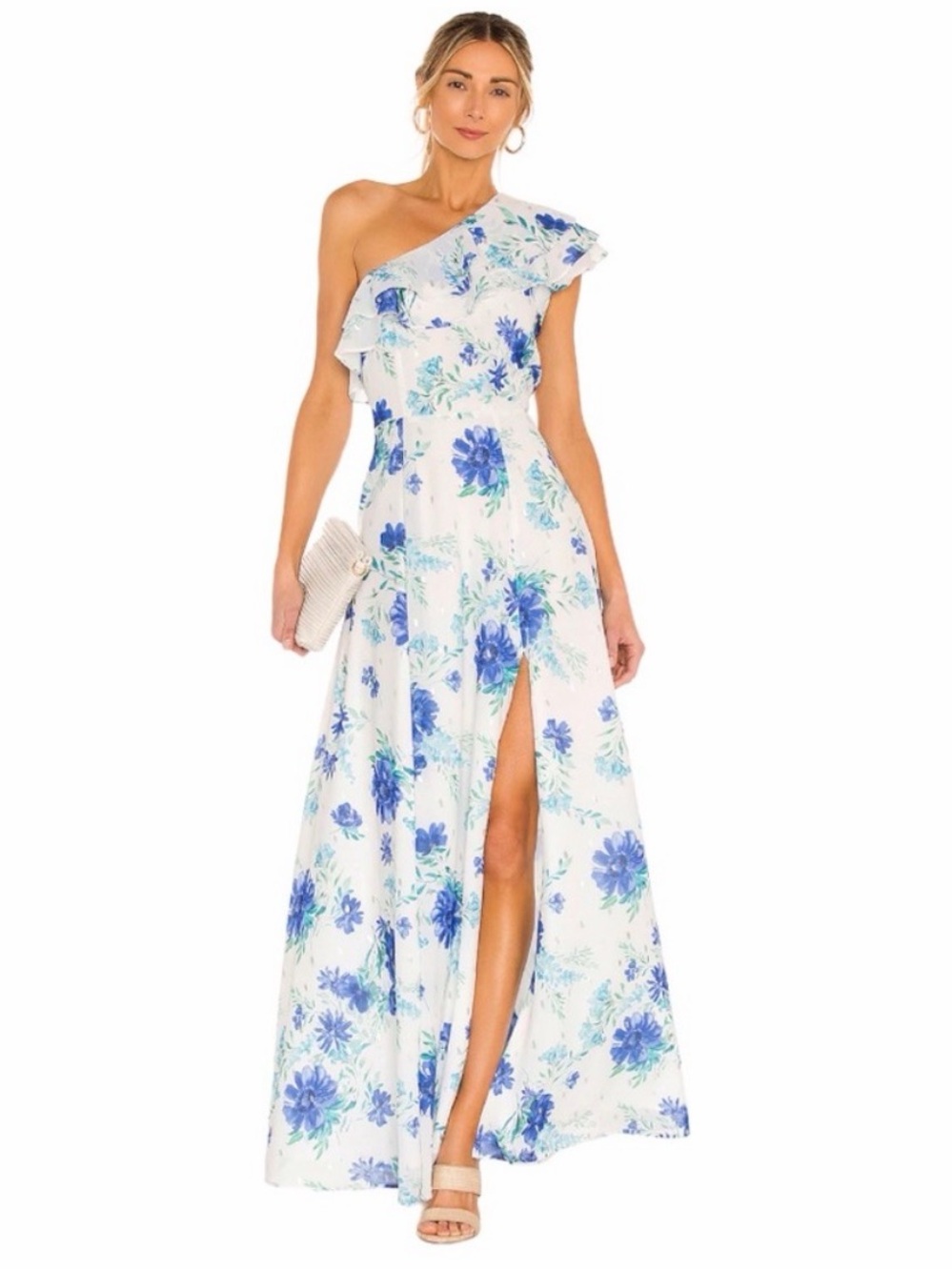 Yumi Kim Karen Maxi Dress Women's Size 6 One Shoulder Blue Floral Ruffle NWT